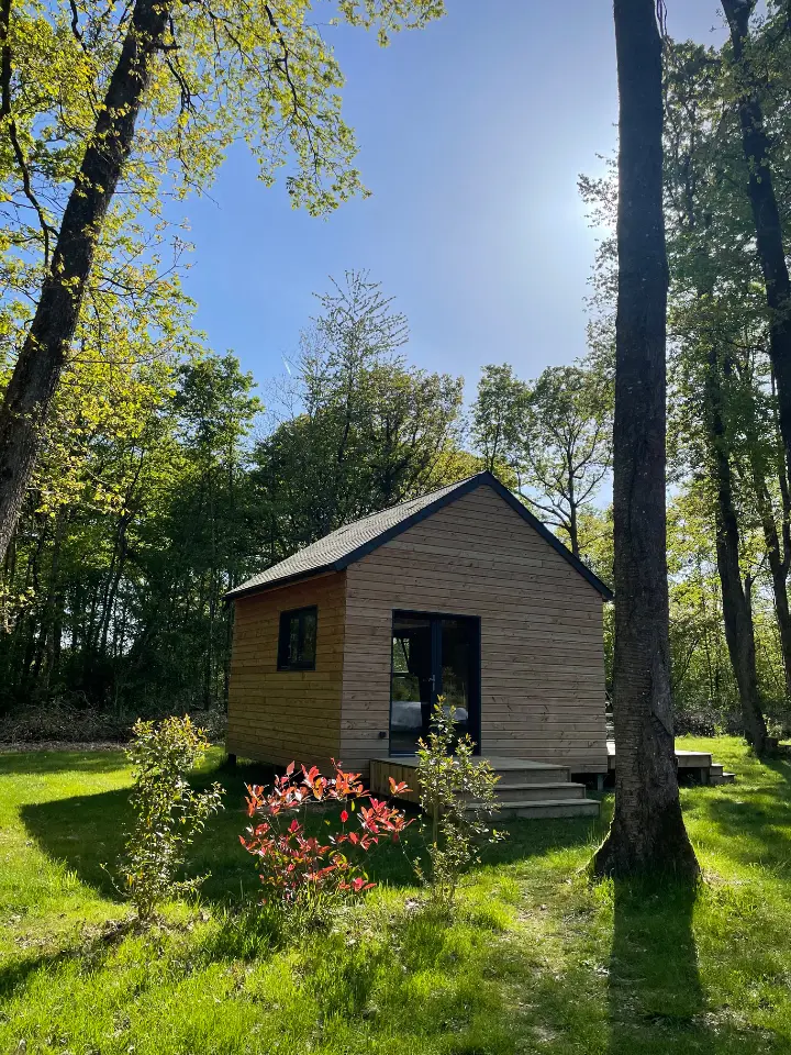 Cabane en forêt, cabane au sol à Favières